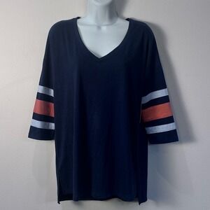 NWT So Womens Navy Blue 3/4 Sleeve Varsity Stripe V Neck Tee Shirt Size Medium